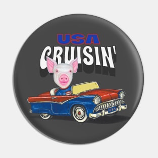 Adorable and cute Pig driving a funny and vintage car through the USA Pin