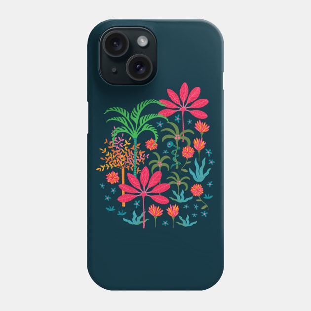 DREAM Bohemian Tropical Paradise Palm Trees Exotic Floral Botanical Plants with Cute Snake in Bright Red Green Blue Orange Yellow on Dark Blue - UnBlink Studio by Jackie Tahara Phone Case by UnBlink Studio by Jackie Tahara