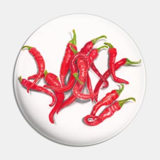 Red Cayenne Peppers on White, Colored Pencil Pin