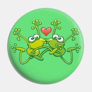 Funny green frogs falling in love while performing an acrobatic kiss Pin