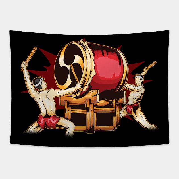 Male Taiko Odaiko Drummers Illustration Tapestry by BonnaVida