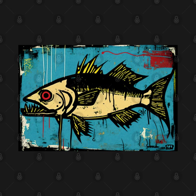 Largemouth Bass in Yellow and Blue Neo-Expressionist Painting by Walter WhatsHisFace