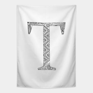 Henna Alphabet T / Henna Letter T - Black Henna Line Art Tapestry