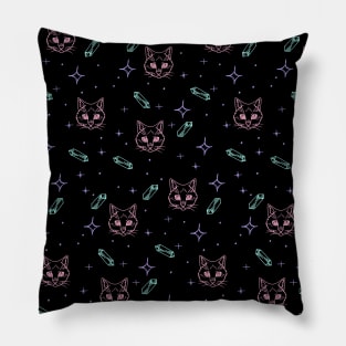 Witchy Cats, Crystals, and Stars Pastel Goth Witchcore Pattern Pillow