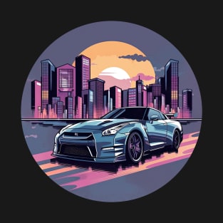 Nissan GT-R R35 inspired car in front of a modern background with city skyline at night moon T-Shirt