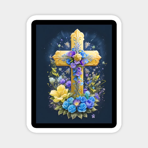 Gold Cross With Flowers Magnet by MiracleROLart