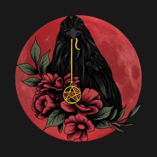 Black Crow With Flowers and Red Moon in a Mystical Landscape T-Shirt