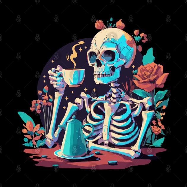 Skeleton drinking coffee by PrintSoulDesigns