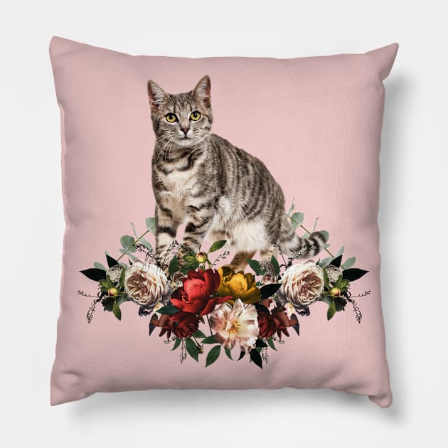 Flowers Cat Cute Cat Collage Illustration Pillow by Foxxy Merch