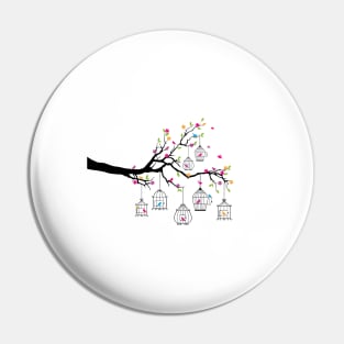 tree branch with birds and birdcages Pin