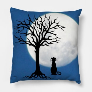 black cat, tree and moon Pillow