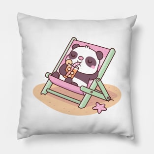 Cute Panda Chilling On Beach Chair With Orange Juice Pillow