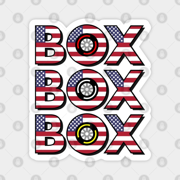 "Box Box Box" F1 Tyre Compound American Flag Design Magnet by DavidSpeedDesign