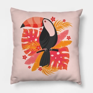 Toucan with Tropical Leaves and Flowers Pillow