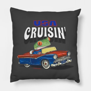 Funny and Humorous Red Eyed Tree Frog is cute driving through the USA in a classic vintage car Pillow