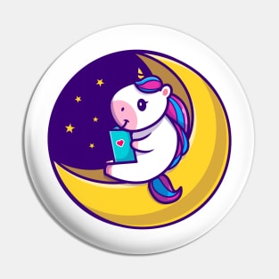 Cute Unicorn Reading Book On Moon Cartoon Pin