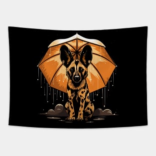 African Wild Dog Rainy Day With Umbrella Tapestry