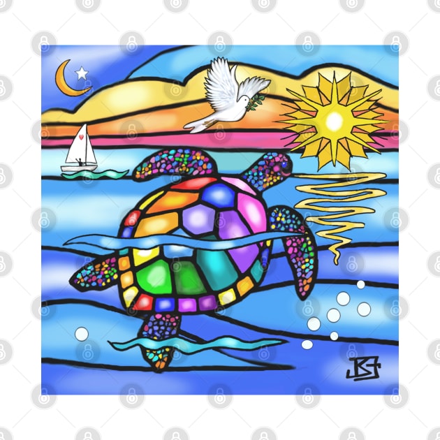 Stained Glass Style Sea Turtle Swims Toward Home by Dogs Galore and More