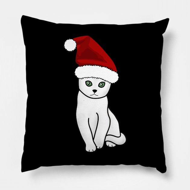 White Cat Wearing Santa hat Pillow by Kelly Louise Art