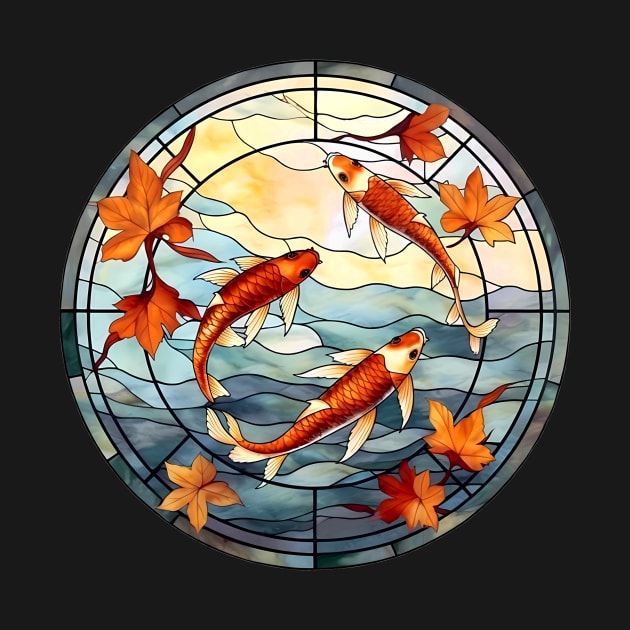 Stained Glass Red Koi Fish and Autumn Leaves by Pixelchicken