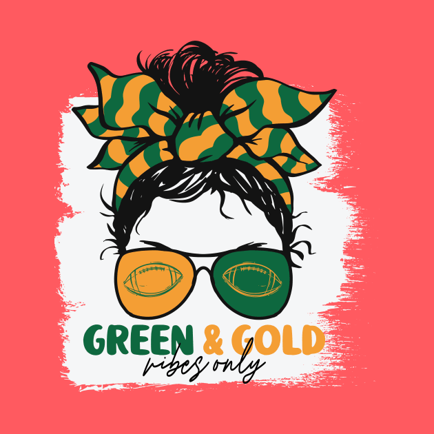 Green and Gold Vibes Only Football Mom Messy Hair Gameday by SLAG_Creative