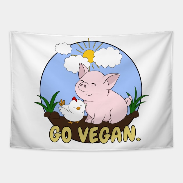 Go Vegan Cute Pig And Chicken Tapestry by valentinahramov