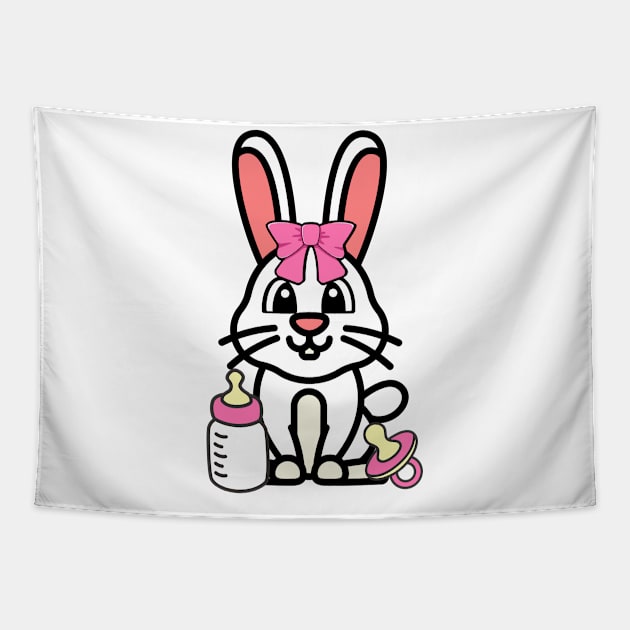 cute baby bunny wears a pink ribbon Tapestry by Pet Station