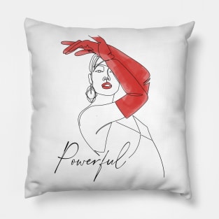 Fashion illustration of a woman with red gloves and the word powerful Pillow