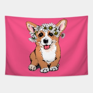 Cute Funny Corgi With Flowers on Head Artwork Tapestry