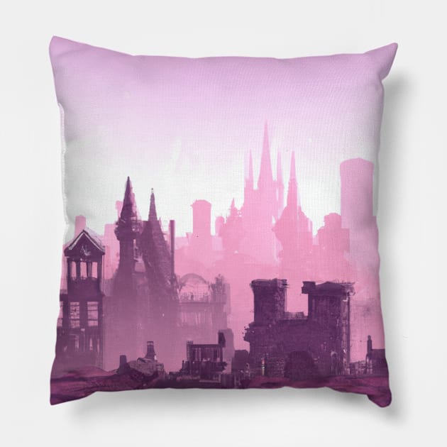 Synthwave Medieval City Landscape With a Purple and Pink Skyline Pillow by FanciiFrog