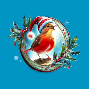 A red bird in a Christmas hat singing on a branch inside a festive winter frame of mistletoe and winter berries and snow flakes T-Shirt