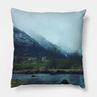 Foggy Norway Mountain Landscape Pillow