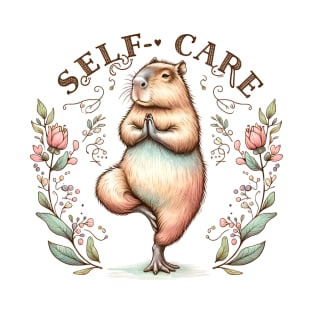 Self-Care Capybara Doing Yoga Among Flowers T-Shirt