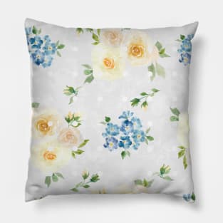 White Roses Blue Forget Me Nots Polka Dots on Grey Abstract Floral Pillow