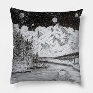 Random Lineart Nature, camping, mountains Pillow