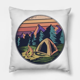 Happy Camper Camping Outdoors Vintage Retro Sunset Pillow