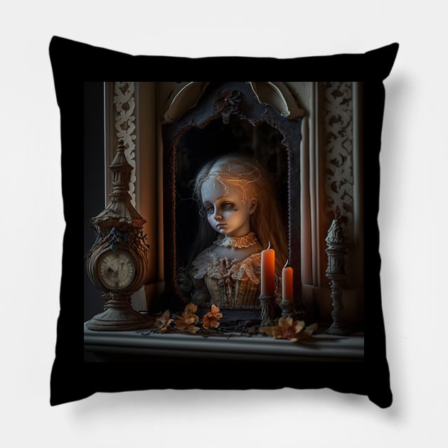 Haunted doll in a haunted house Pillow by Ghostkitty999