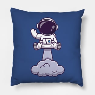 Astronaut Launching On Space And Waving Hand Cartoon Pillow