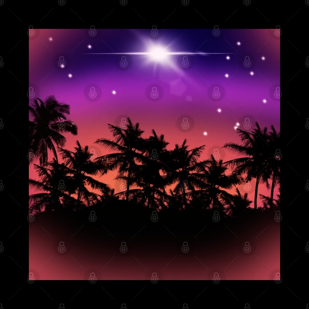 Midnight Purple Sky with Glowing Stars and Palm Trees Landscape by AussieMumaArt