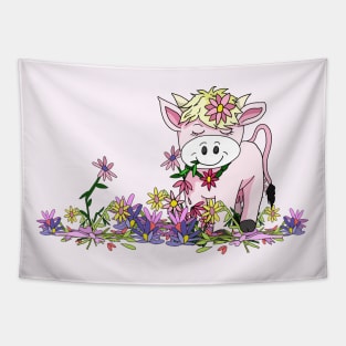 kawaii cow stands in pretty flowers Tapestry