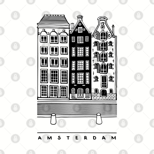 Three old houses. Amsterdam, Netherlands. Realistic black and white illustration. by ArchiTania