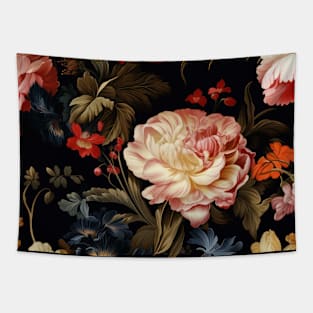 Dutch Nocturne: Luminous Floral Pastoral on Black Canvas Tapestry