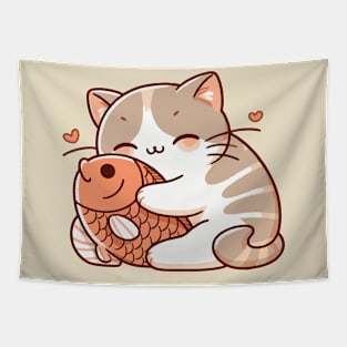 cute cat cuddling red fish Tapestry