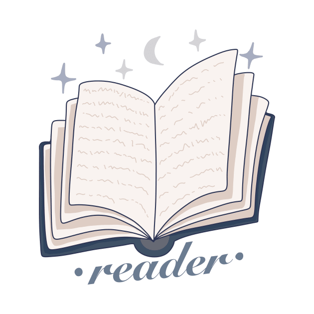 Reader blue open magic book design with stars and the moon by loulou-artifex