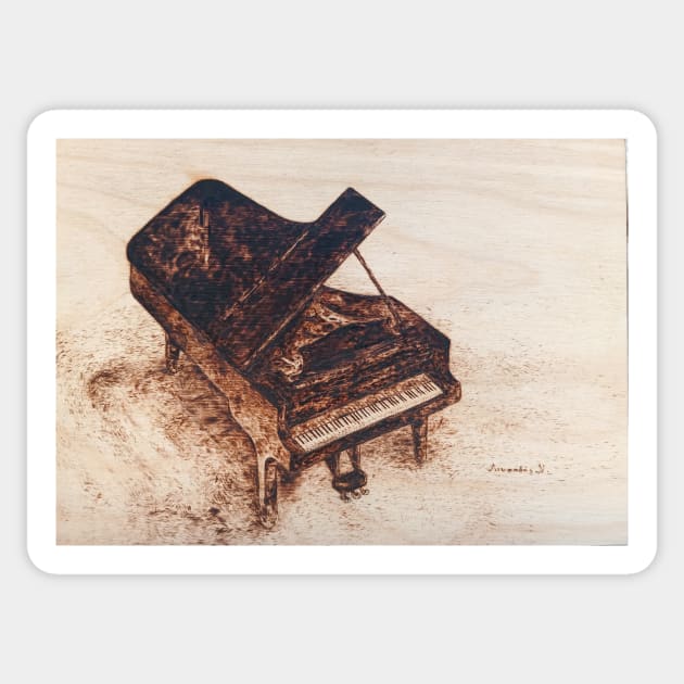Grand piano realistic pyrography art - Pyrography - Sticker | TeePublic