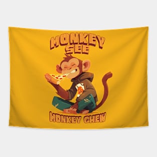 Monkey See Monkey Chew cute monkey eating pizza Tapestry