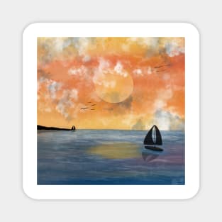 Sunrise above ocean with sailing boats Magnet