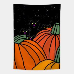 Night time in the Halloween pumpkin patch with four cats Tapestry