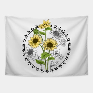 Sunflowers Line Art Design Tapestry