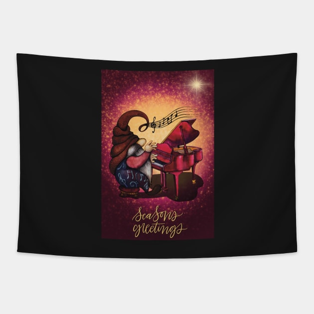 Cute Christmas greeting card with hippie gnome playing music on the piano Tapestry by marina63